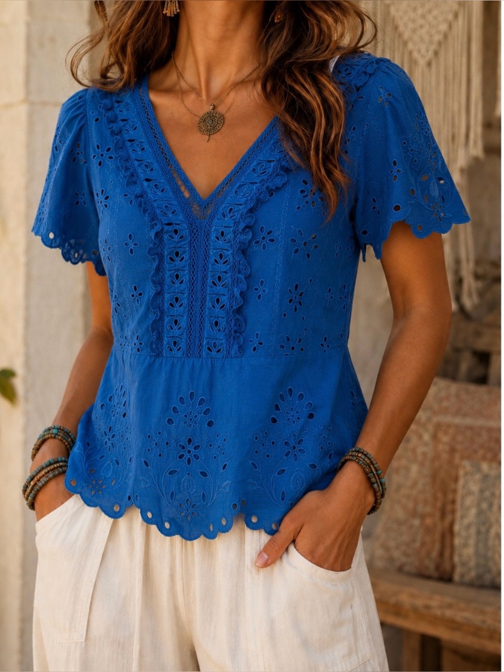 New🌺$270Johnny Was Elizabeth Peplum Blouse Blue Embroidered Ruffle Scalloped XL